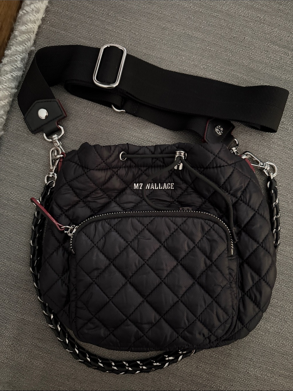 MZ Wallace Quilted Black Crossbody Bucket Bag with Chain-Trim Strap